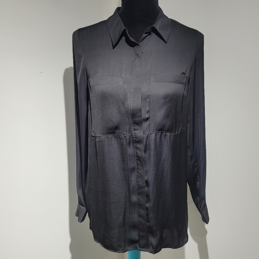 Vero Moda Women's Longline Satin Button Down Collared Blouse 34 Black Whimsigoth